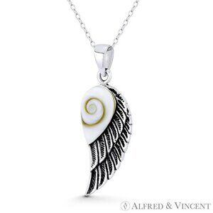 Angel's Wing Charm Faux Seashell Pendant in Oxidized .925 Sterling Silver
